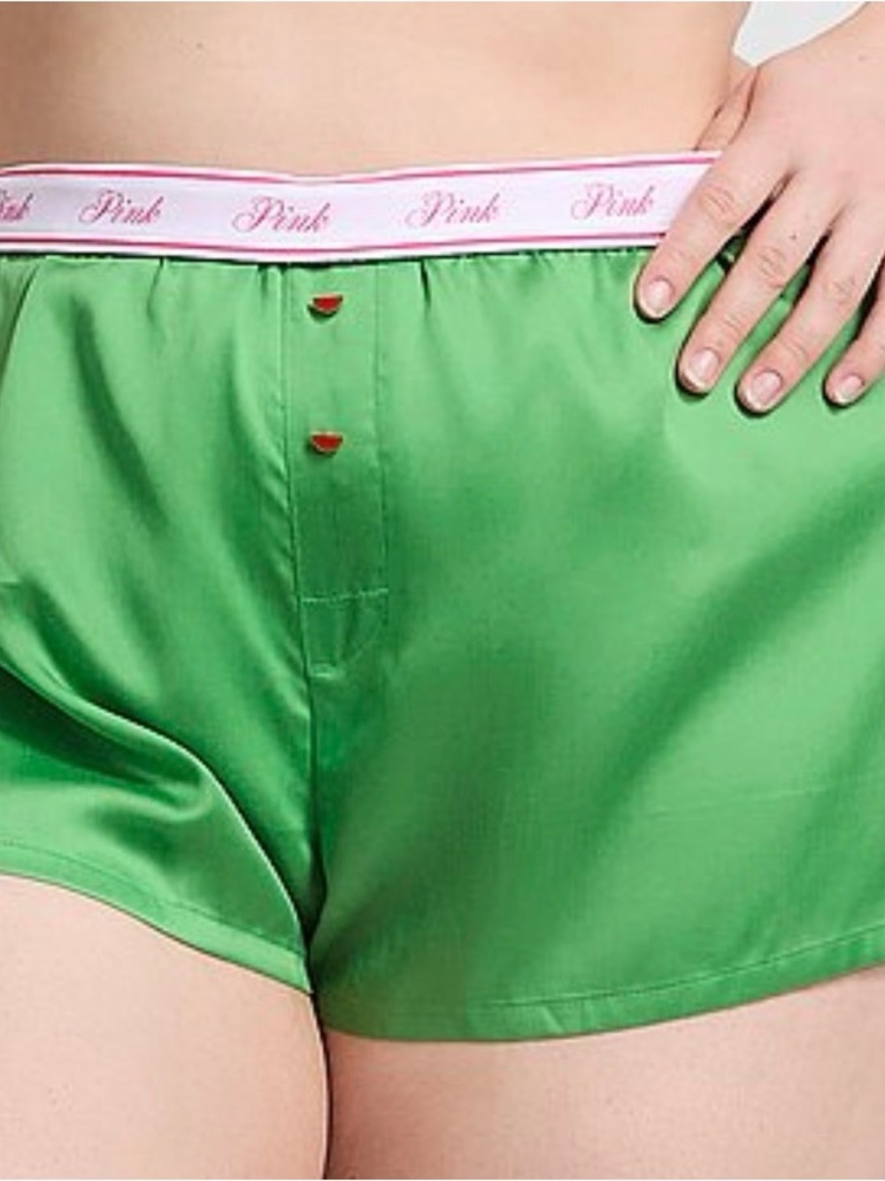 PINK Victoria's Secret Green Satin Lounge Shorts with Pink Logo Waistband